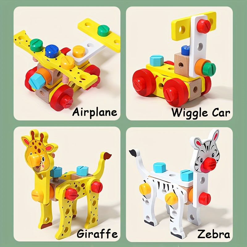 Wooden tool box with animal pattern and rope for kids
