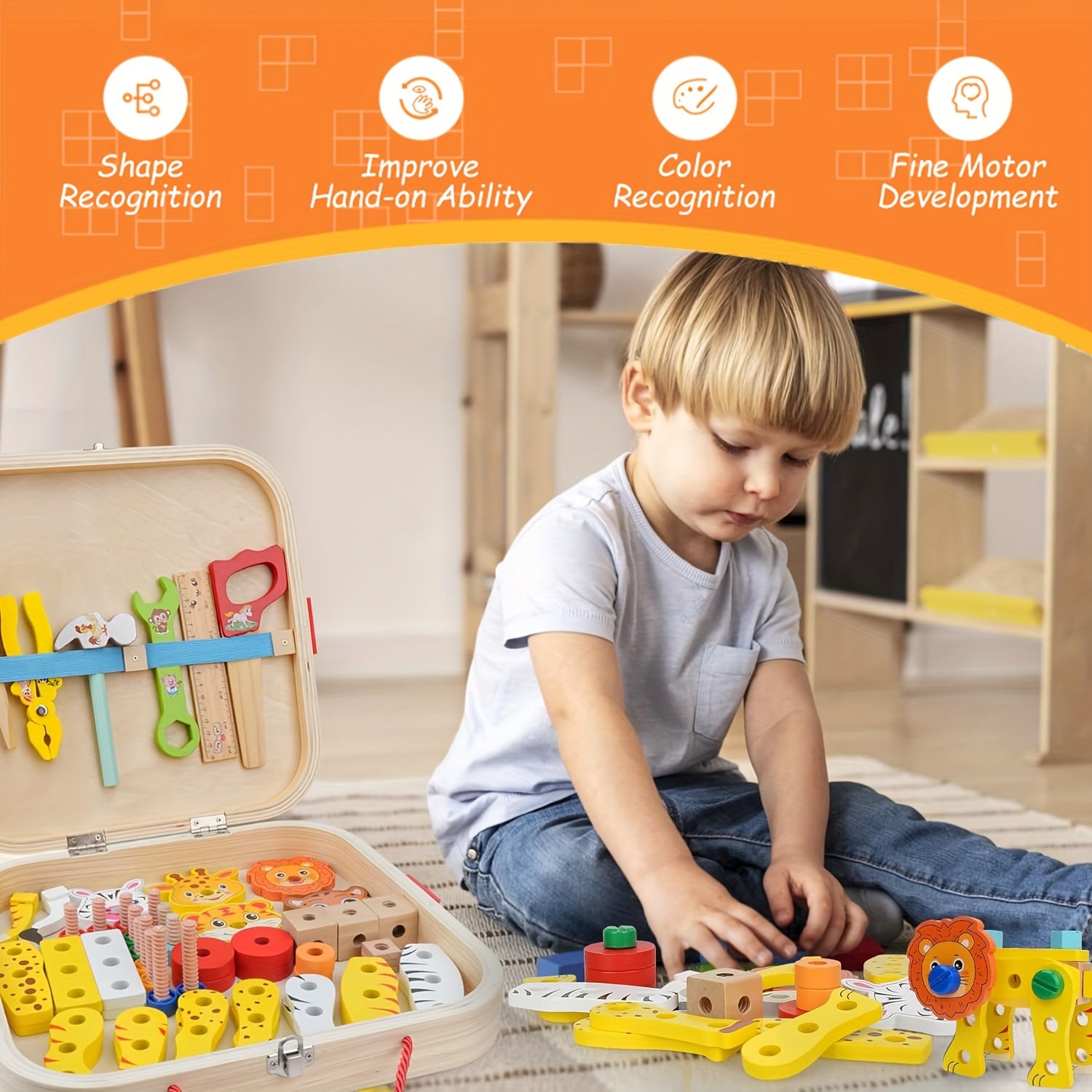 Wooden tool box with animal pattern and rope for kids